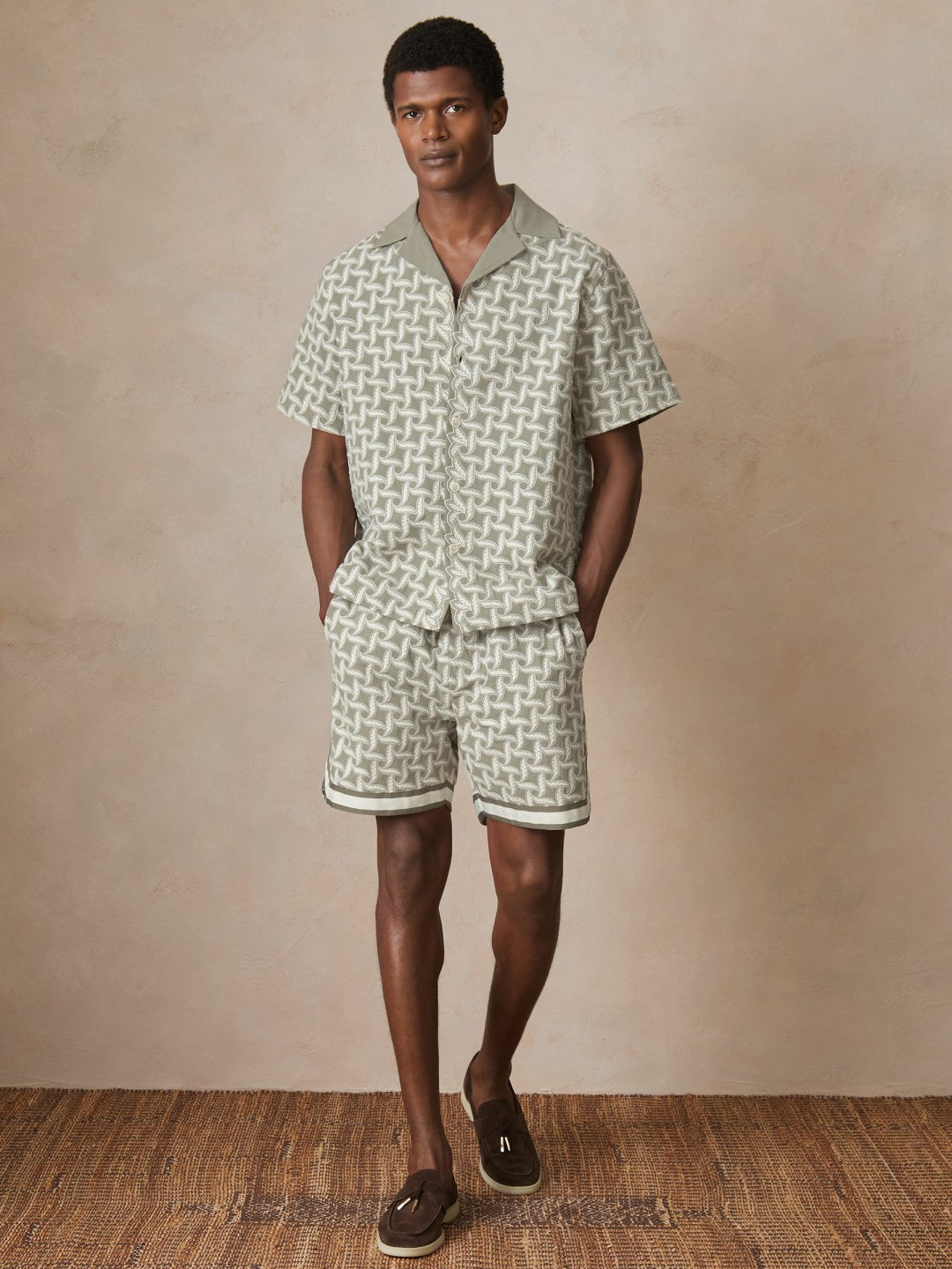 Reiss | Ché Motif-Embroidered Shirt in Sage/White