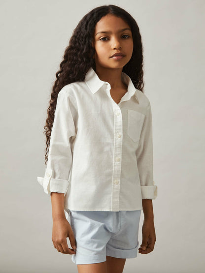 Reiss 13-14 yrs Linen Roll-Cuff Shirt in Ivory