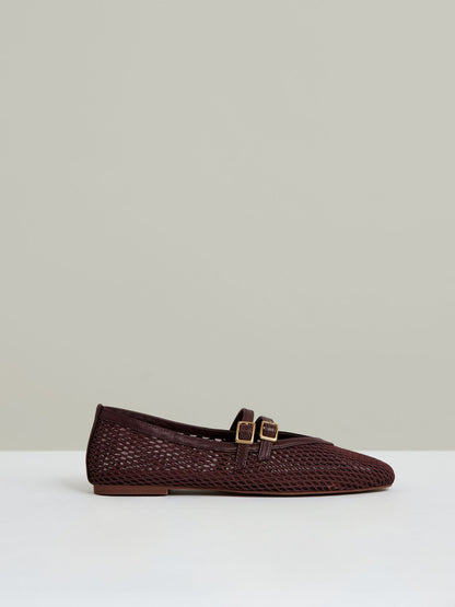 Reiss Mesh Double-Strap Ballet Flats in Oxblood
