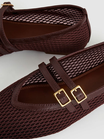Reiss Mesh Double-Strap Ballet Flats in Oxblood