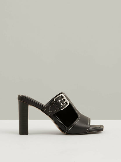 Reiss Leather Buckle Block-Heel Sandals in Black
