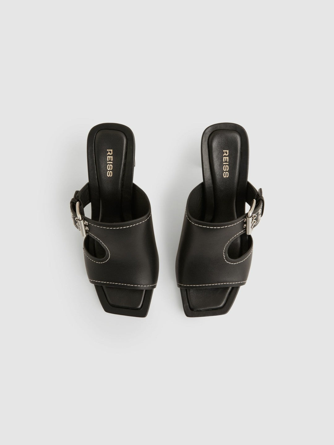 Reiss Leather Buckle Block-Heel Sandals in Black