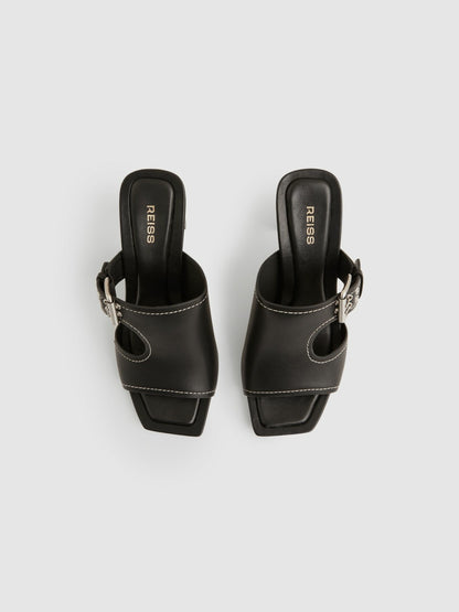 Reiss Leather Buckle Block-Heel Sandals in Black