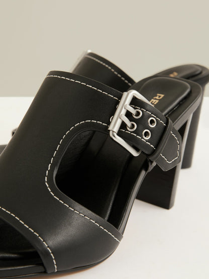 Reiss Leather Buckle Block-Heel Sandals in Black