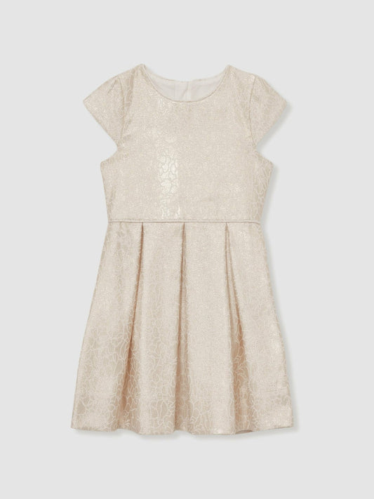 Reiss 13-14 yrs Brocade Cap-Sleeve Pleated Dress in Ivory