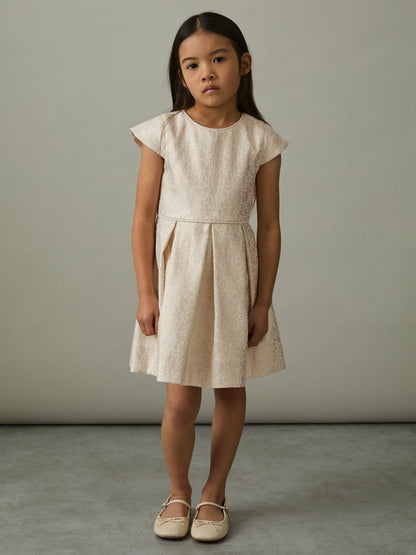 Reiss 4-9 yrs Brocade Cap-Sleeve Pleated Dress in Ivory