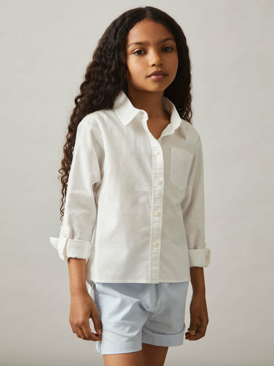 Reiss 9-13 yrs Linen Roll-Cuff Shirt in Ivory