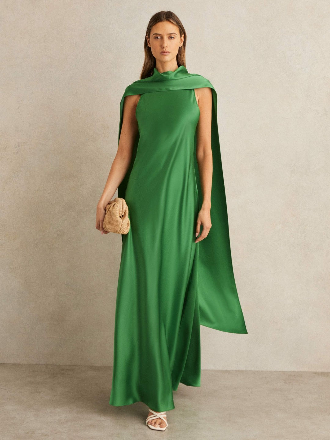 Reiss Petite Satin Cape Maxi Dress in Green