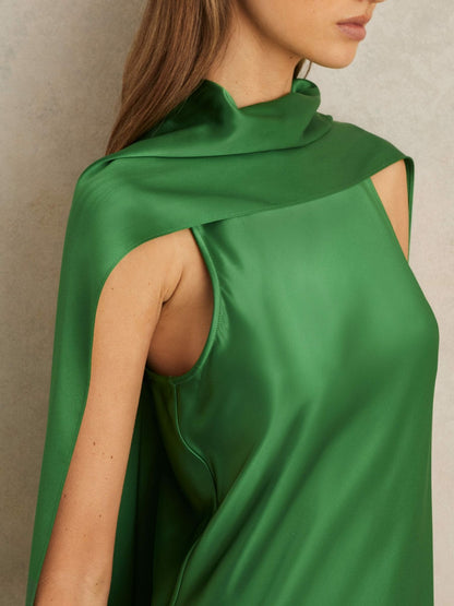 Reiss Petite Satin Cape Maxi Dress in Green
