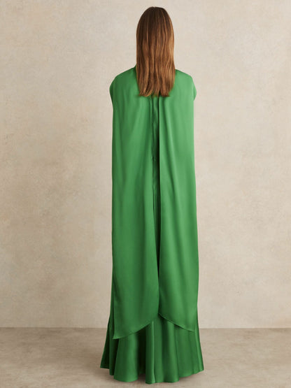 Reiss Petite Satin Cape Maxi Dress in Green