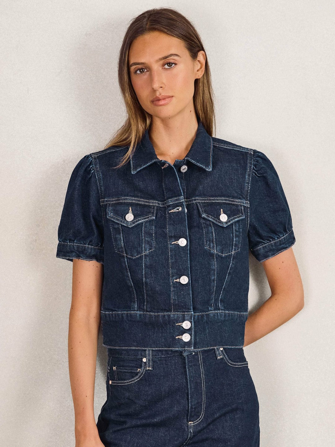 Reiss Paige Puff-Sleeve Short Denim Jacket in Emberlynn Blue
