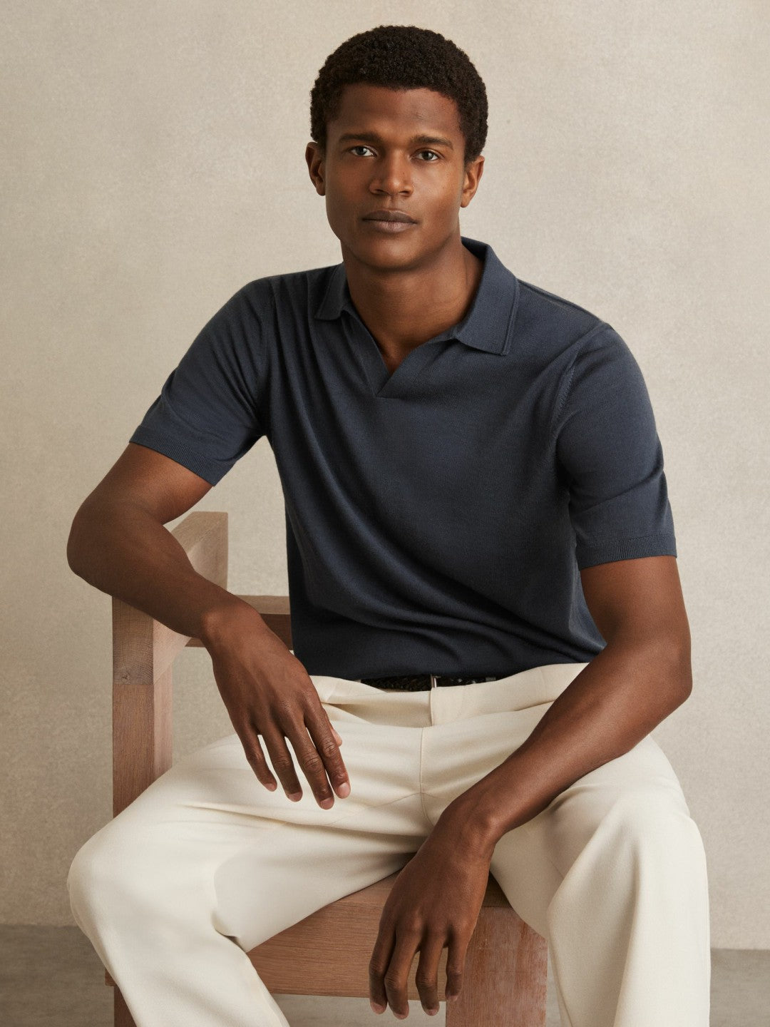 Reiss Merino Wool Open Collar Polo Shirt in Midnight Navy