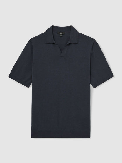 Reiss Merino Wool Open Collar Polo Shirt in Midnight Navy