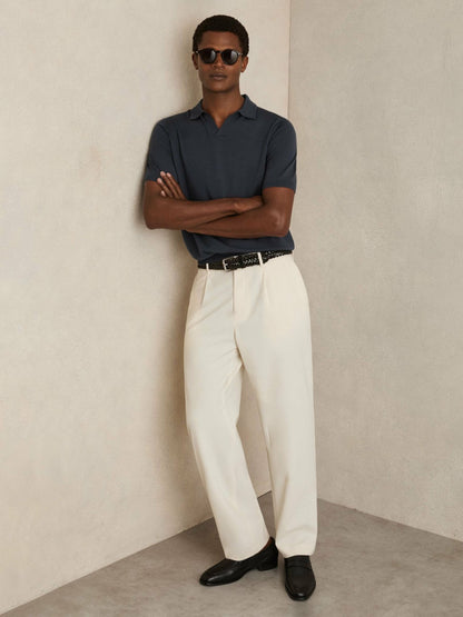 Reiss Merino Wool Open Collar Polo Shirt in Midnight Navy