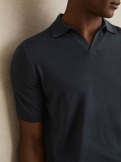 Reiss Merino Wool Open Collar Polo Shirt in Midnight Navy