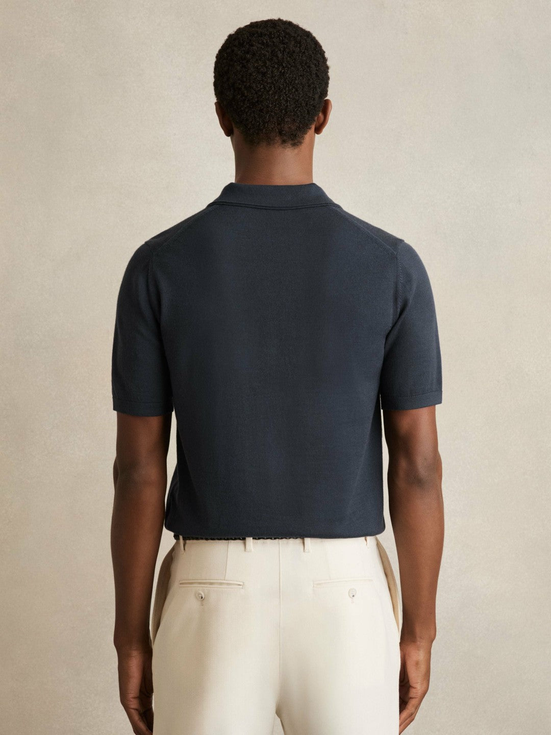 Reiss Merino Wool Open Collar Polo Shirt in Midnight Navy