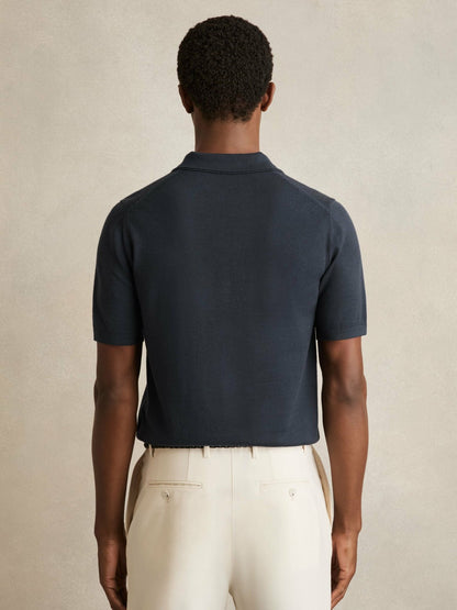 Reiss Merino Wool Open Collar Polo Shirt in Midnight Navy