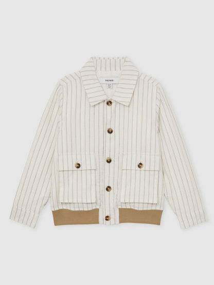 Reiss 13-14 yrs Cotton Pinstripe Harrington Jacket in Off White/Taupe Brown