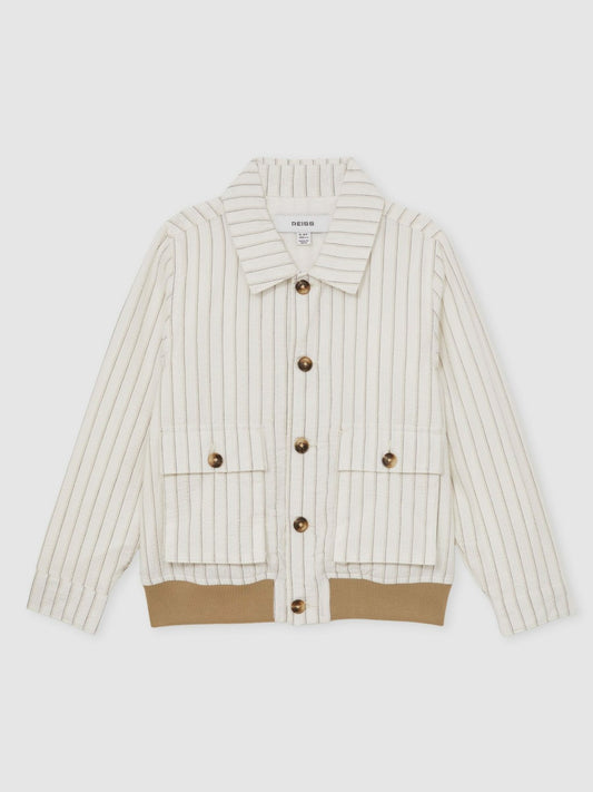 Reiss 13-14 yrs Cotton Pinstripe Harrington Jacket in Off White/Taupe Brown