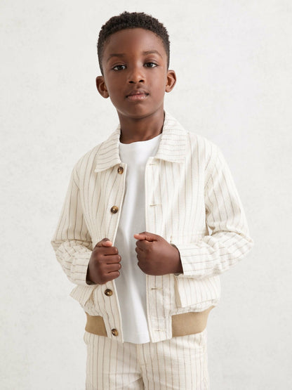 Reiss 13-14 yrs Cotton Pinstripe Harrington Jacket in Off White/Taupe Brown