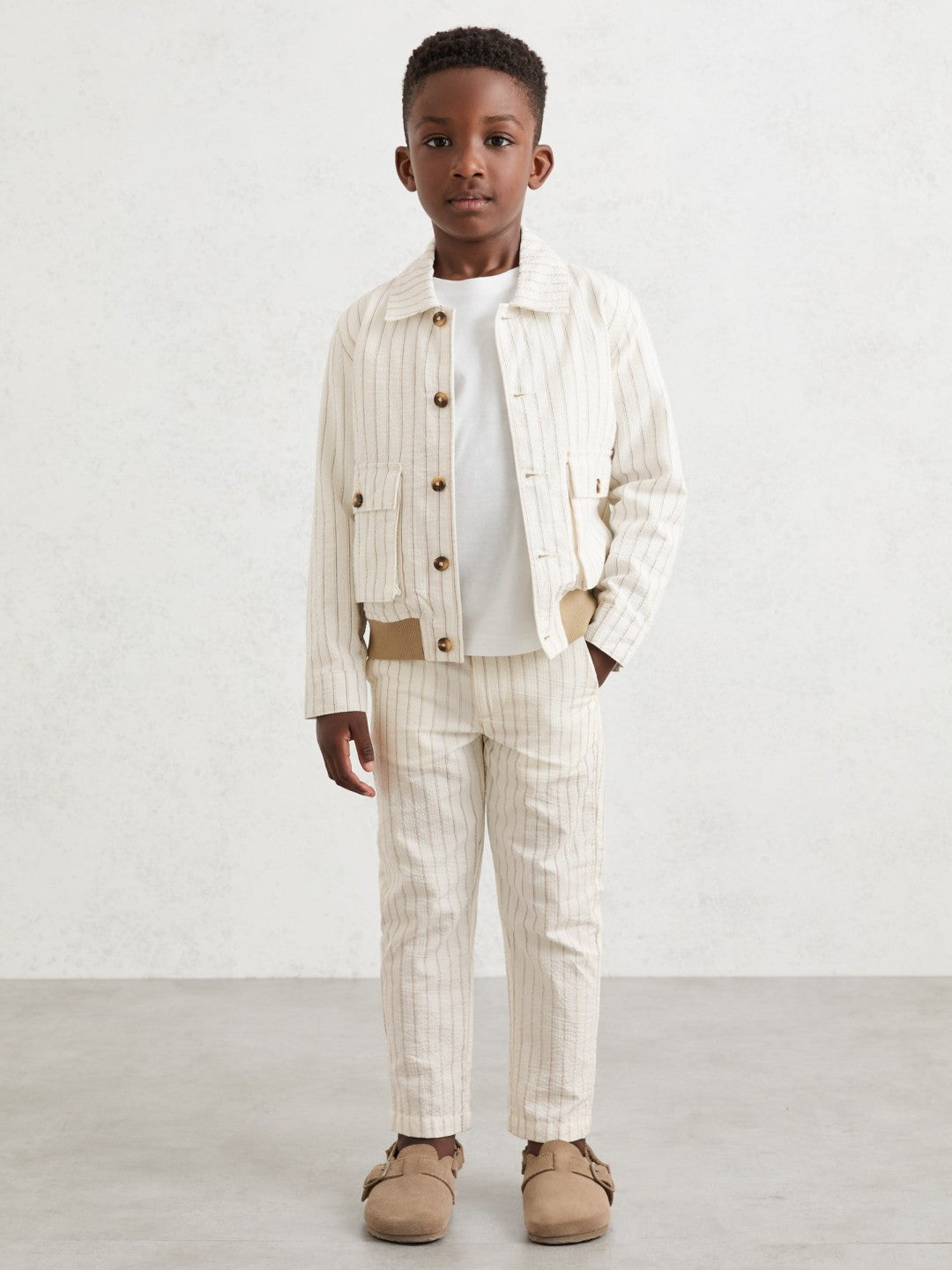 Reiss 13-14 yrs Cotton Pinstripe Harrington Jacket in Off White/Taupe Brown