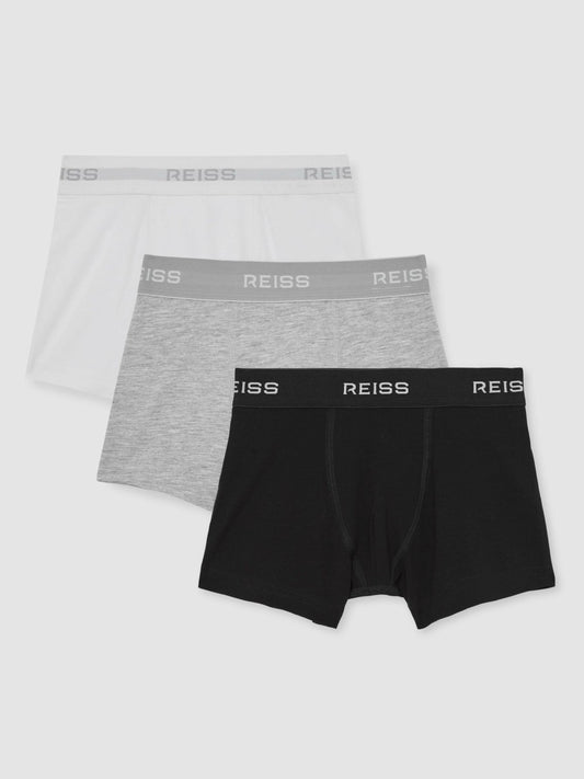 Reiss Stretch-Cotton Logo-Waistband Boxer Shorts 3 Pack in White/Grey/Black