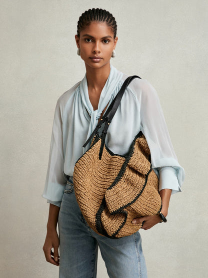 Reiss Raffia Ruffle Tote Bag in Natural