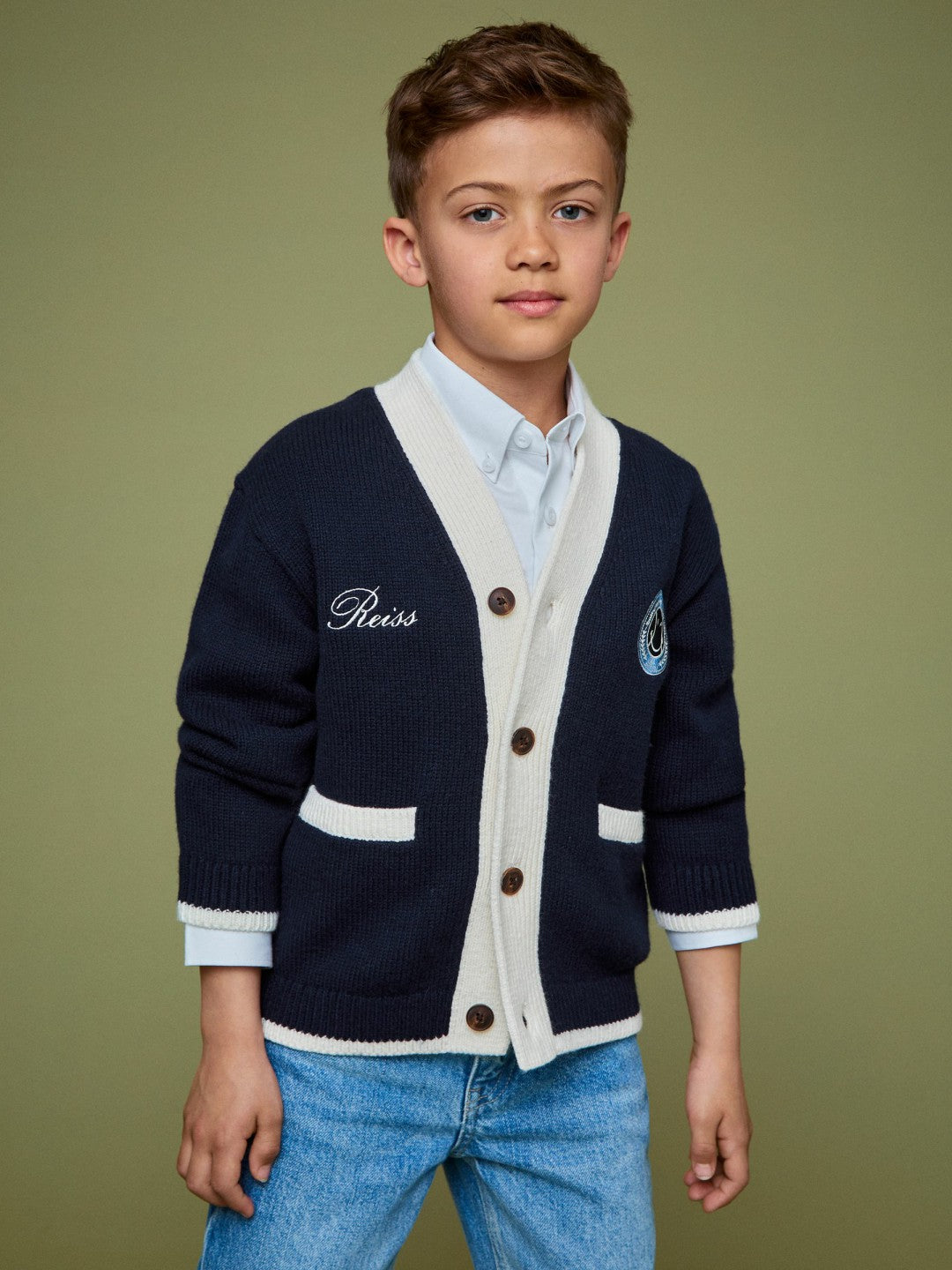 Reiss 9-12 yrs SmileyWorld Logo Cardigan Unisex Fit in Off White