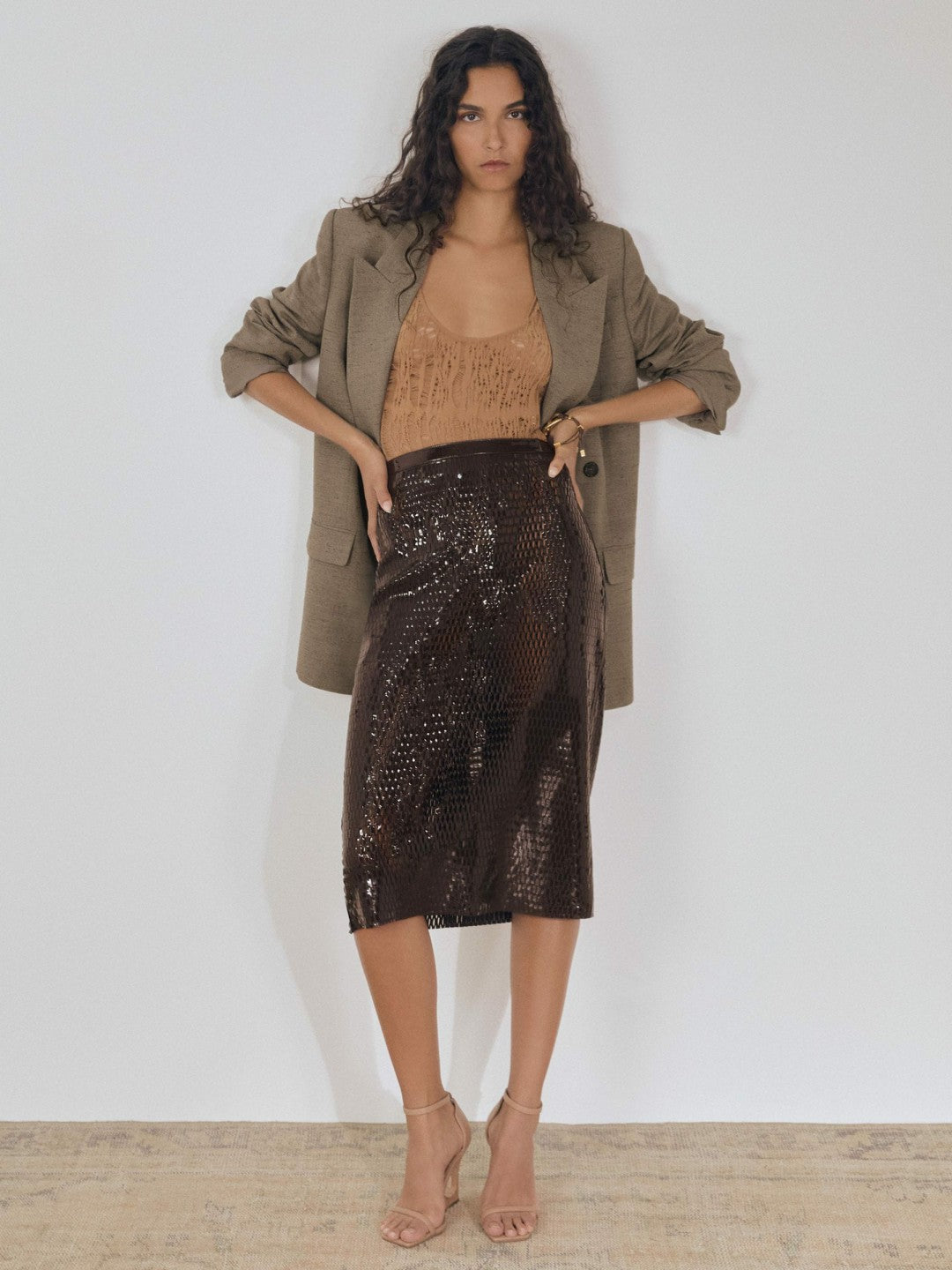 Reiss Atelier Laser-Cut Pencil Skirt in Chocolate