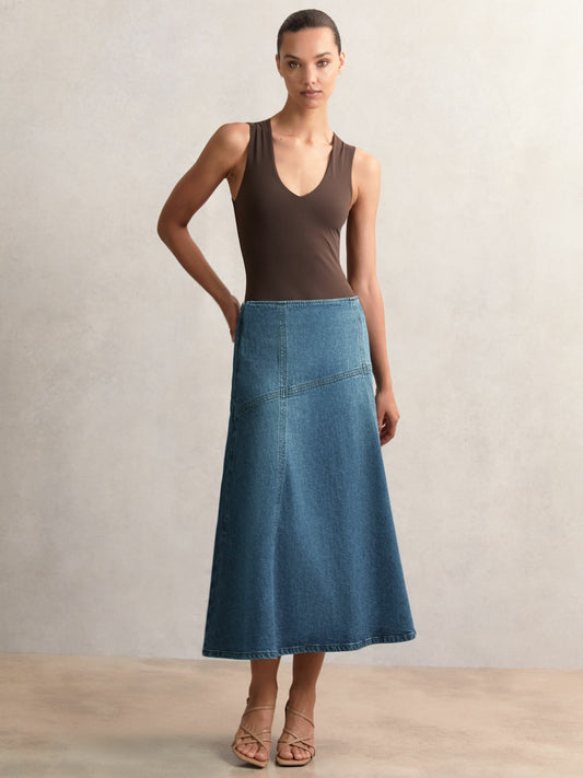 Reiss Denim Panelled Midi Skirt in Indigo
