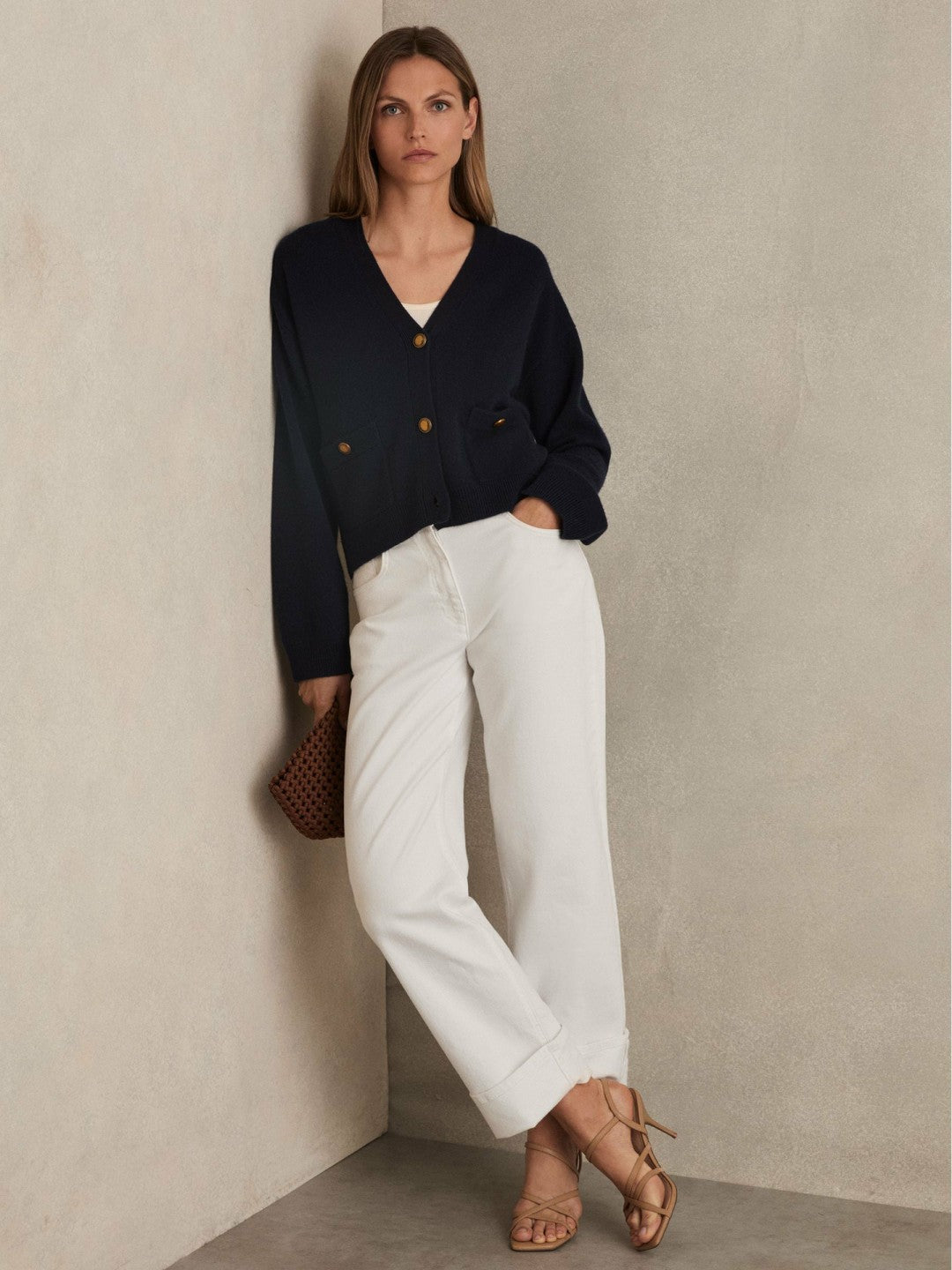 Reiss Wool-Cashmere Button Cardigan in Navy