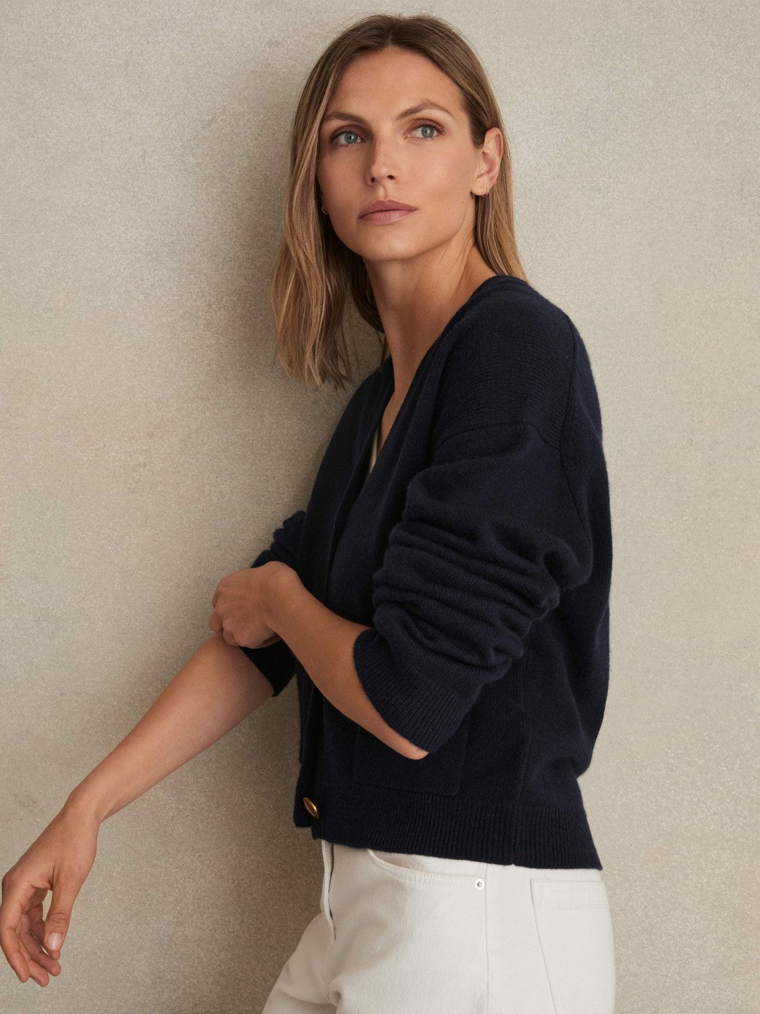 Reiss Wool-Cashmere Button Cardigan in Navy