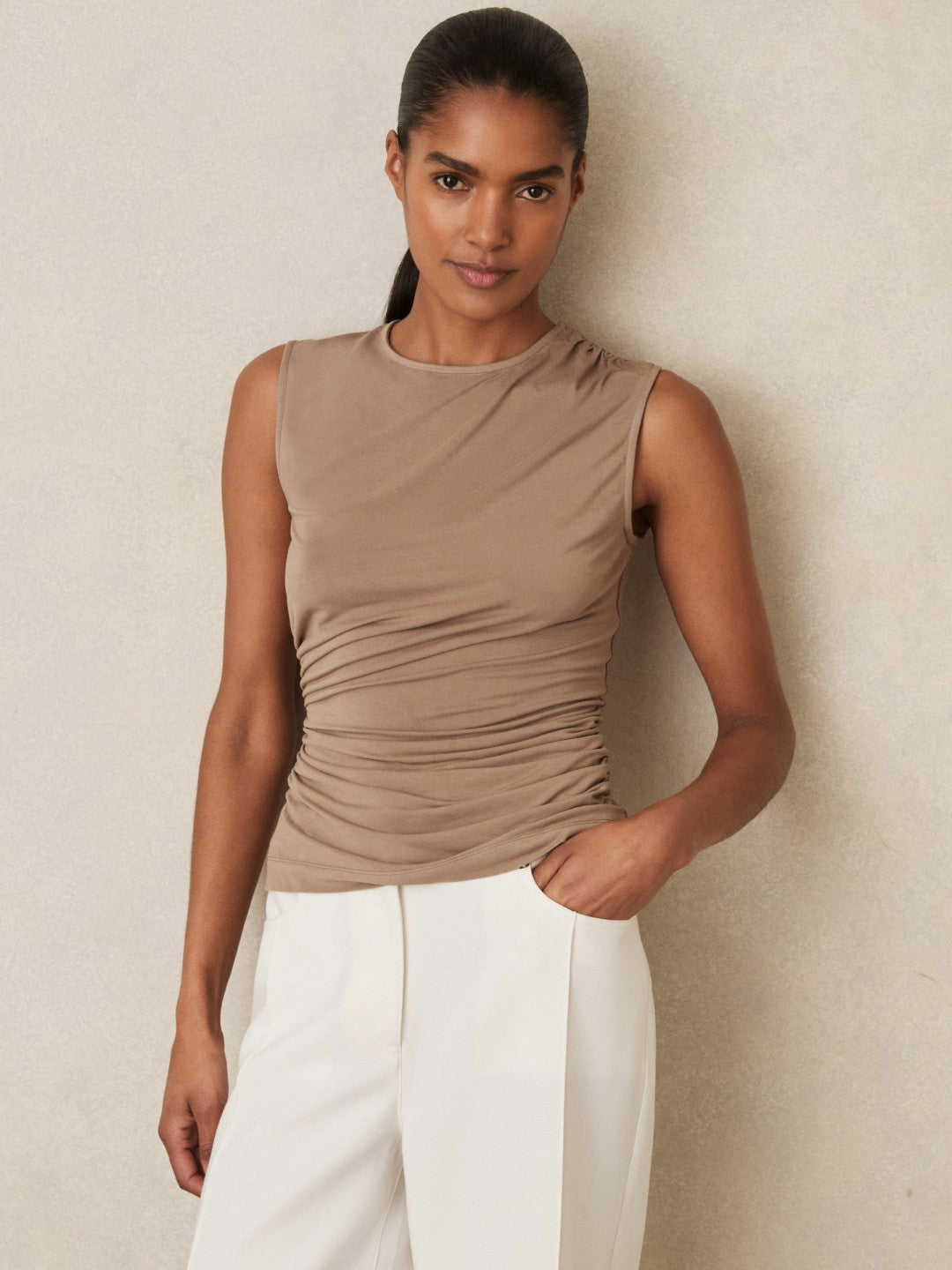 Reiss Stretch-Modal Ruched Vest in Mocha Brown