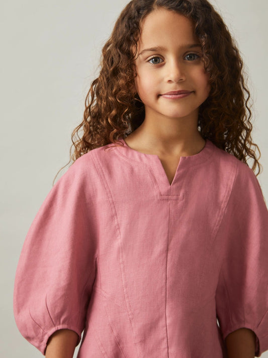 Reiss 9-13 yrs Linen Balloon-Sleeve Dress in Pink