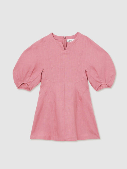 Reiss 9-13 yrs Linen Balloon-Sleeve Dress in Pink