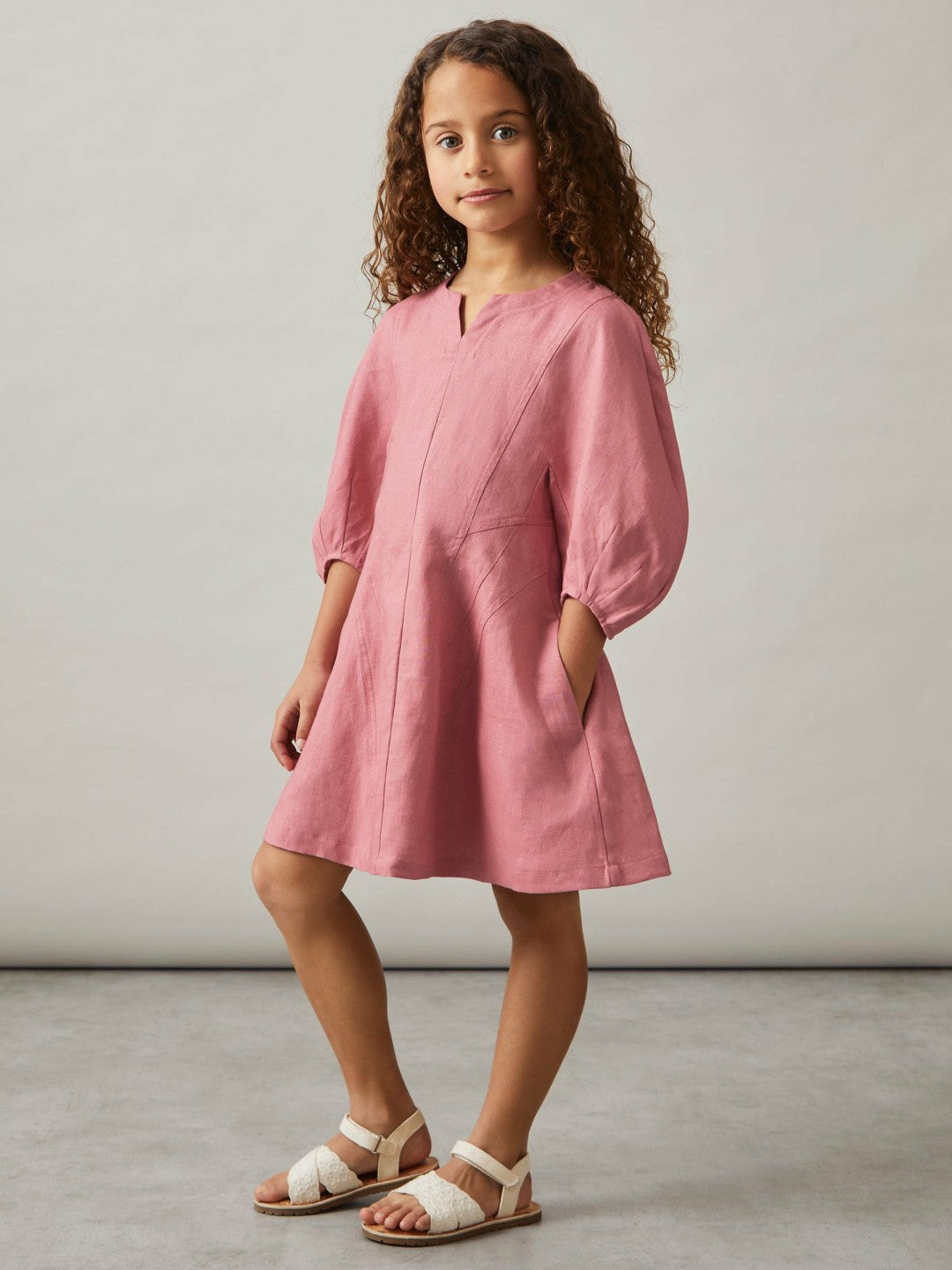 Reiss 9-13 yrs Linen Balloon-Sleeve Dress in Pink