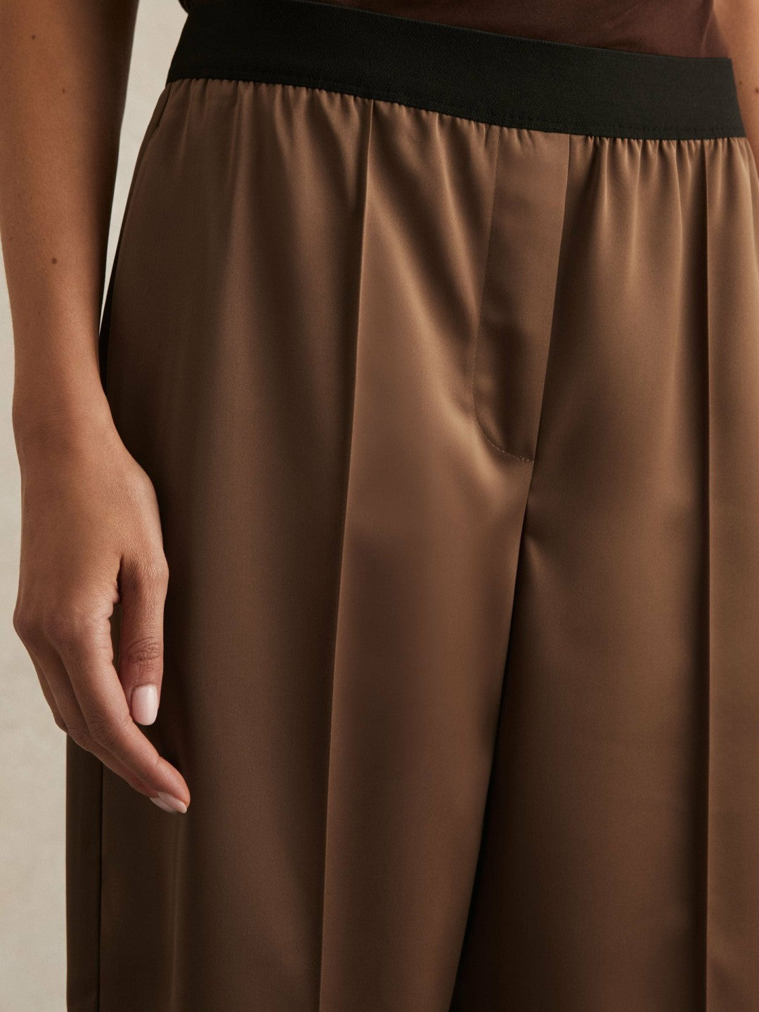 Reiss Satin Wide Leg Elastic Waist Trousers in Taupe Neutral
