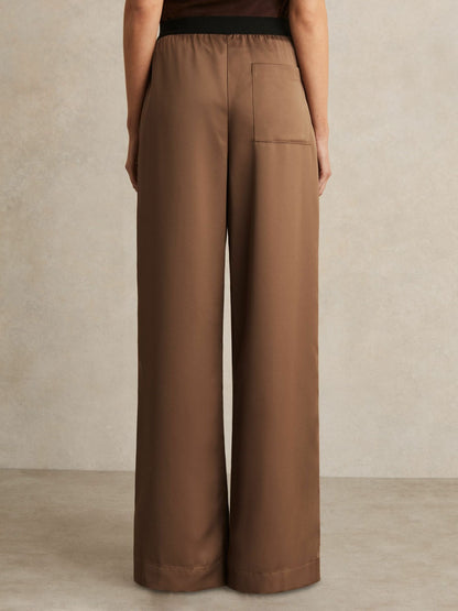 Reiss Satin Wide Leg Elastic Waist Trousers in Taupe Neutral