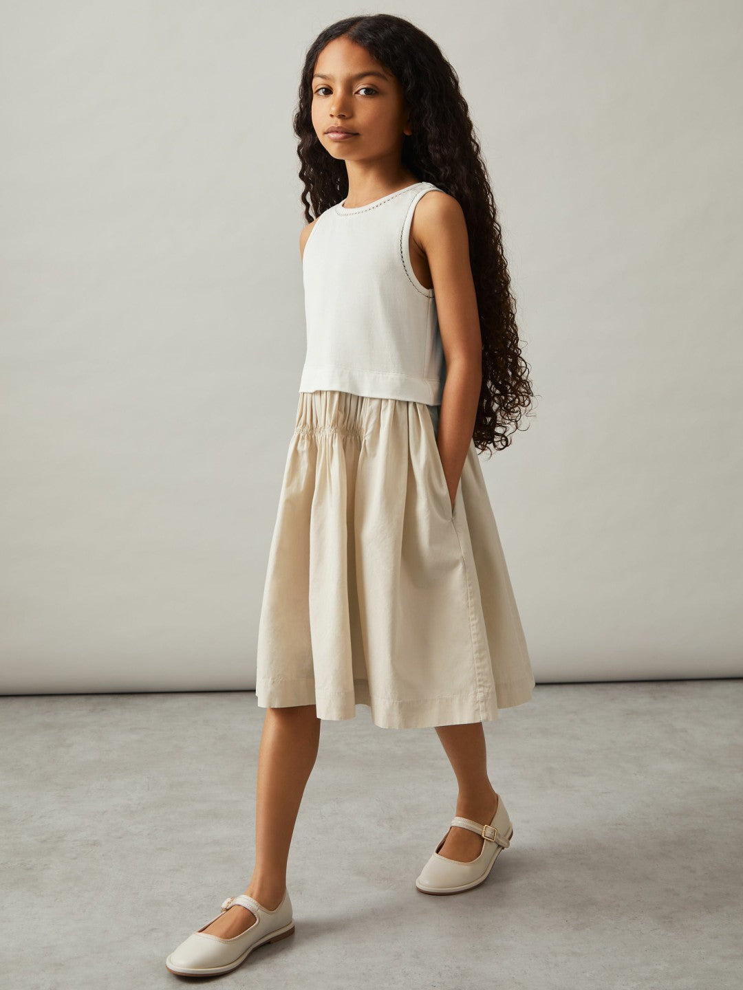 Reiss 9-13 yrs Cotton Layered Sleeveless Midi Dress in Neutral