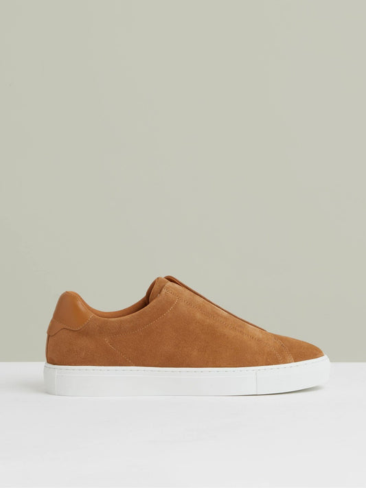 Reiss Suede Slip-On Elasticated Trainers in Tan Brown