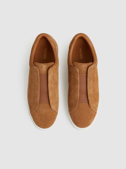 Reiss Suede Slip-On Elasticated Trainers in Tan Brown