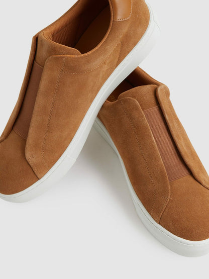 Reiss Suede Slip-On Elasticated Trainers in Tan Brown