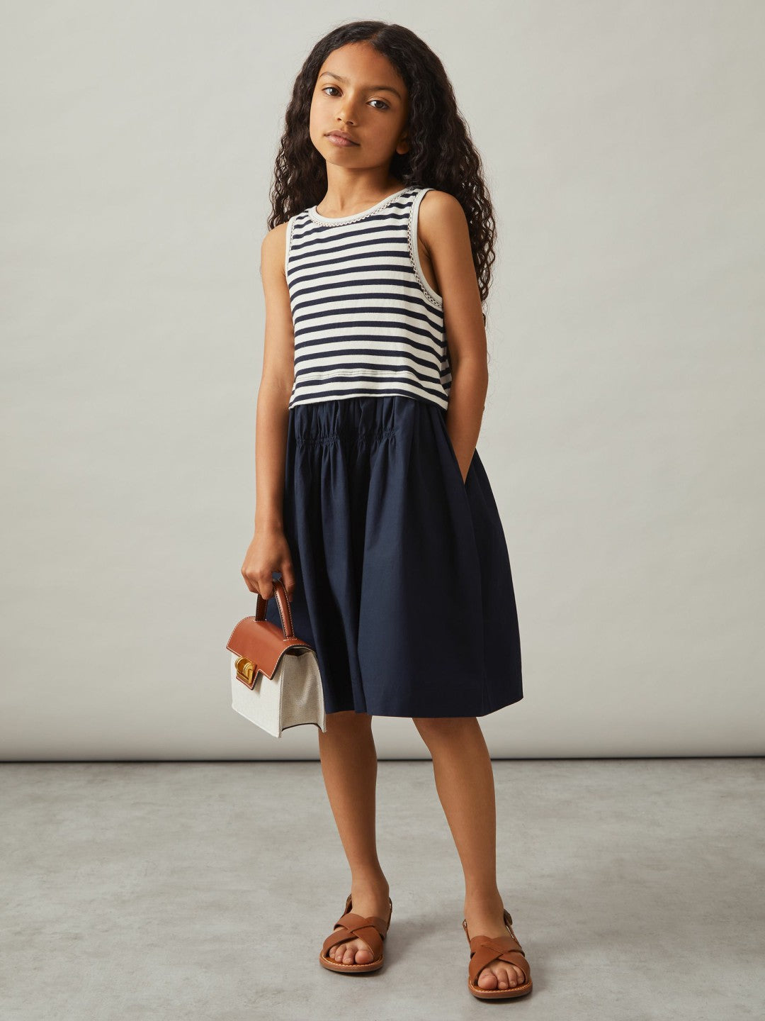 Reiss 13-14 yrs Cotton Layered Sleeveless Midi Dress in Navy
