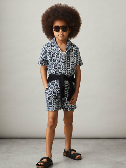 Reiss 9-13 yrs Zig-Zag Knit Drawstring Shorts in Blue