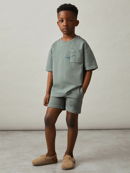 Reiss 3-9 yrs Cotton Palm-Embroidery Oversize T-Shirt in Washed Sage
