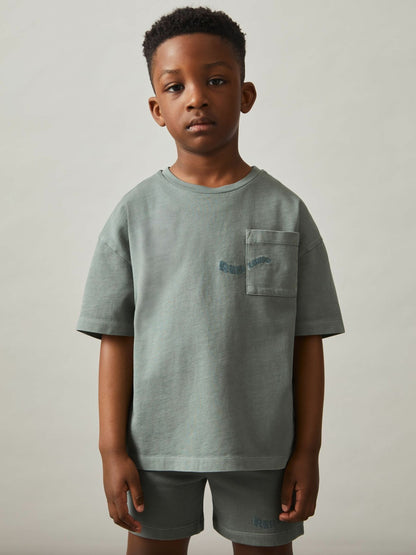 Reiss 3-9 yrs Cotton Palm-Embroidery Oversize T-Shirt in Washed Sage