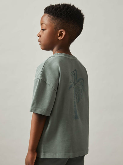 Reiss 3-9 yrs Cotton Palm-Embroidery Oversize T-Shirt in Washed Sage