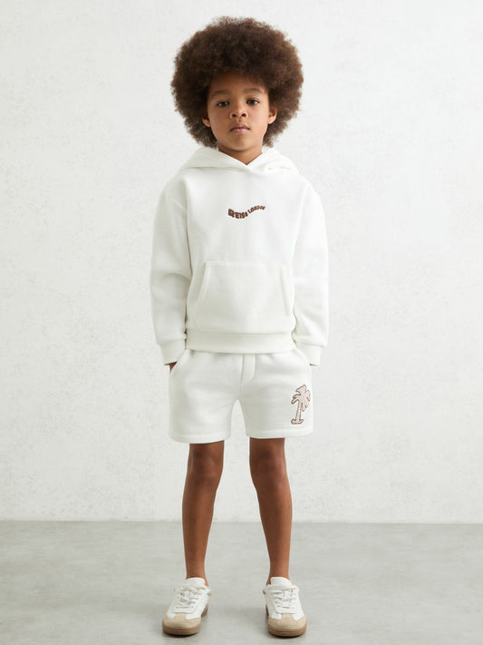 Reiss 9-13 yrs Cotton Blend Palm Embroidered Shorts in Off White