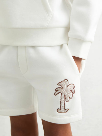 Reiss 9-13 yrs Cotton Blend Palm Embroidered Shorts in Off White