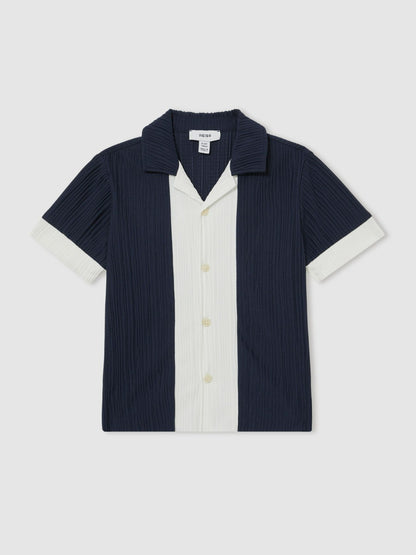 Reiss 3-9 yrs Plissé Colour-Block Shirt in Navy/White